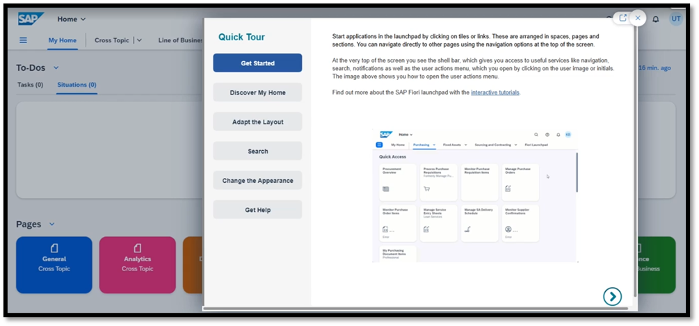 the Fiori Launchpad offers help functionality in the form of a guided tour,