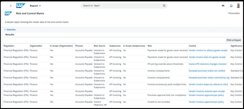 SAP Access Control - Risk and Control Matrix Reports GUI