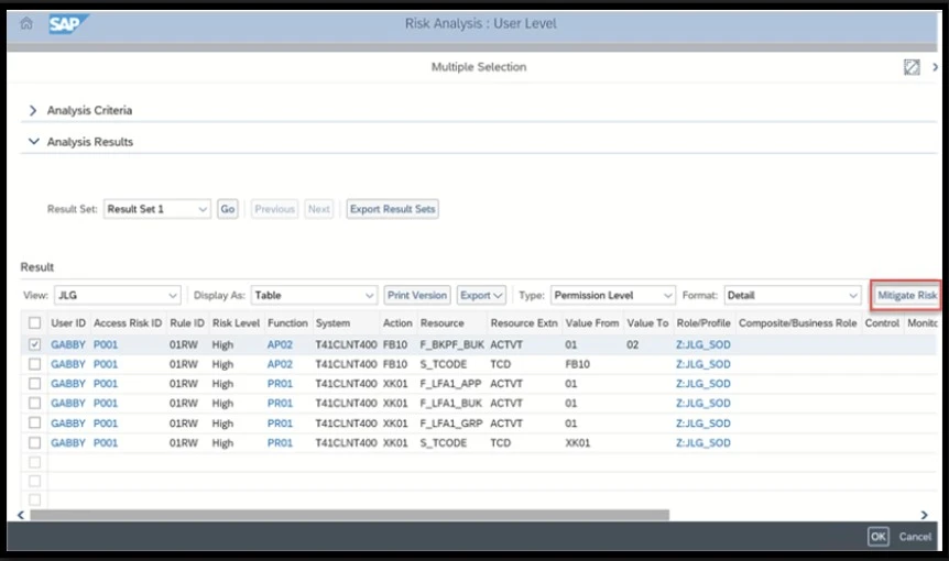 SAP Access Control - Risk Analysis (User Level)